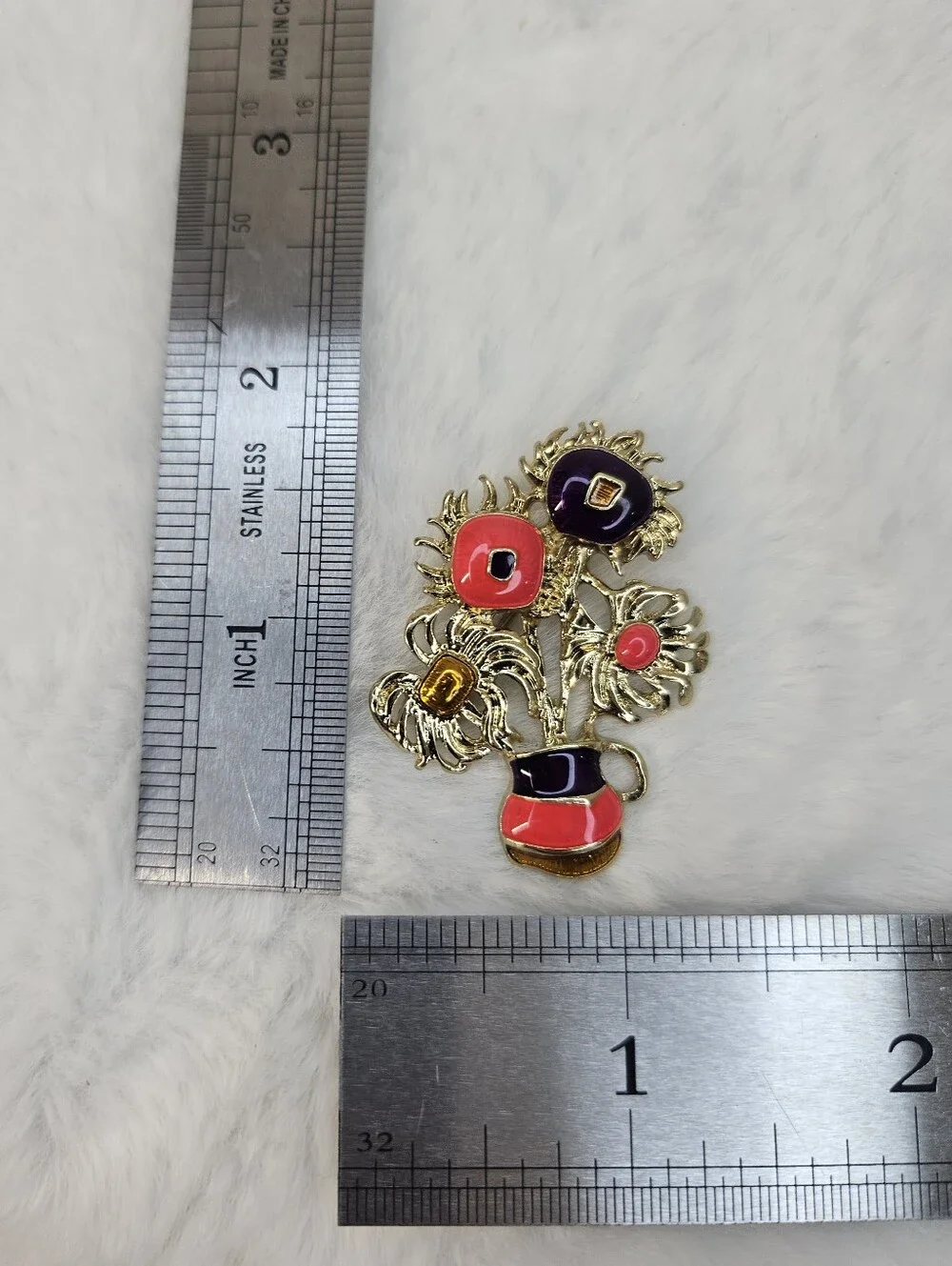 Gold-tone Floral Bouquet Pin with Coral and Purple Enamel